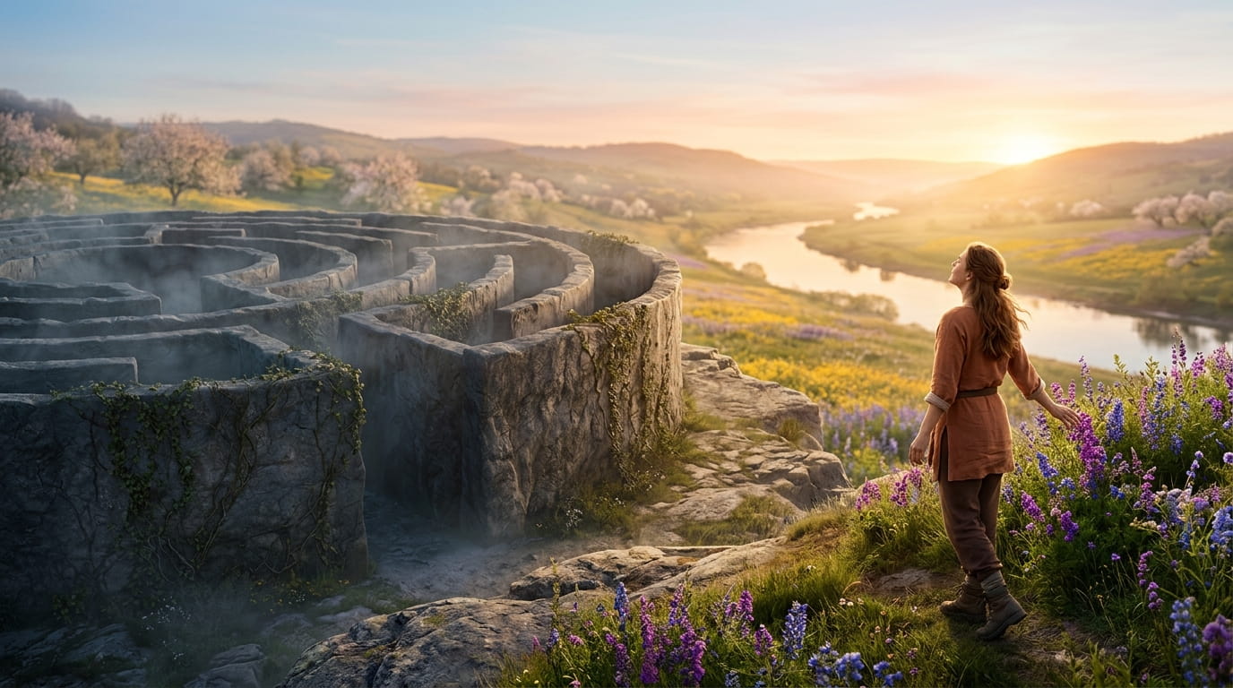 A person escaping a maze towards a bright, sunny valley, symbolizing recovery from narcissistic manipulation and mental clarity.