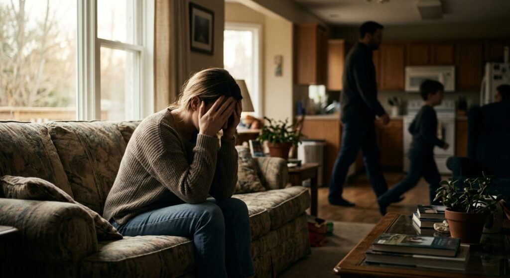 A survivor of familial trafficking sitting alone and distressed in a living room while family members walk past in the background.