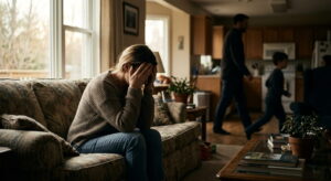 A survivor of familial trafficking sitting alone and distressed in a living room while family members walk past in the background.