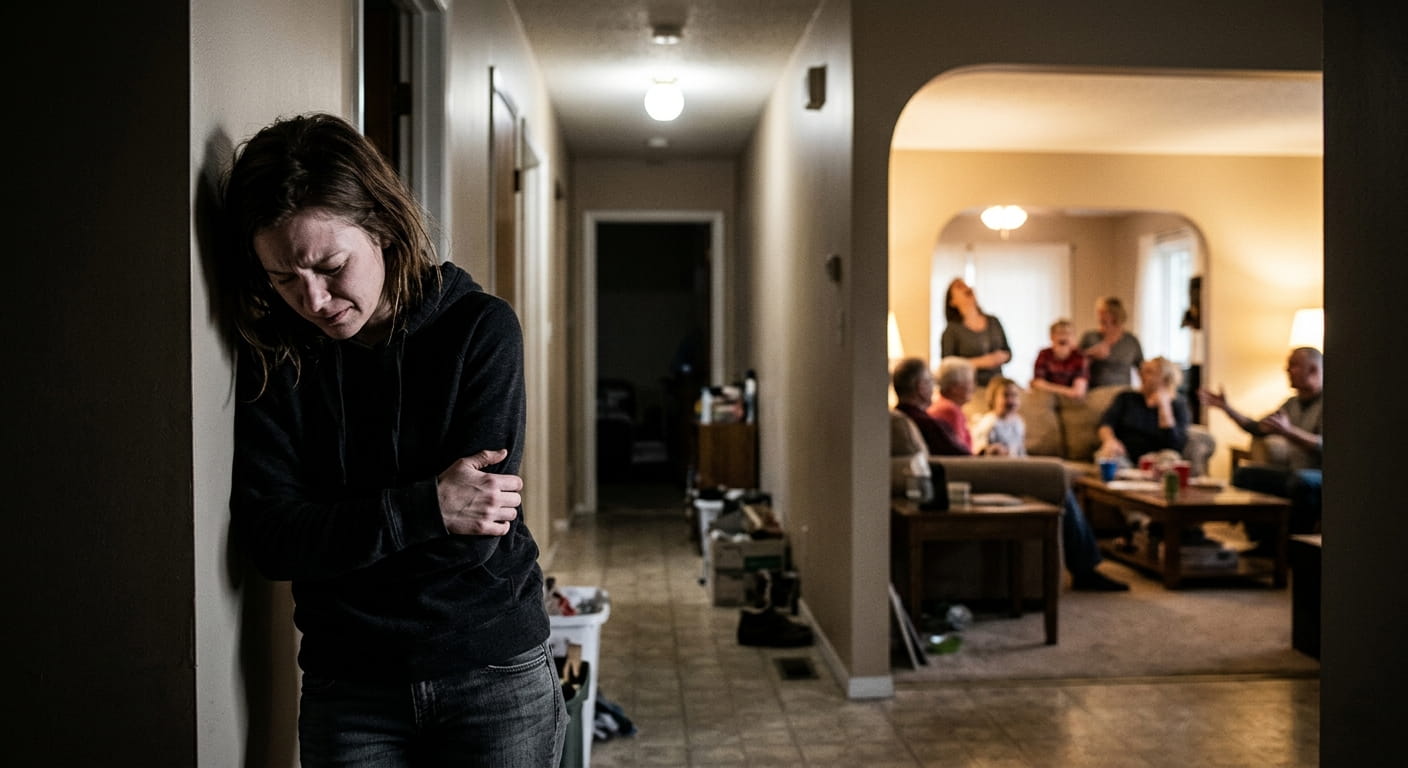 hidden-signs-of-familial-trafficking A young woman feeling isolated and burdened by the secret of familial trafficking in a hallway while her family socializes in a bright room nearby.