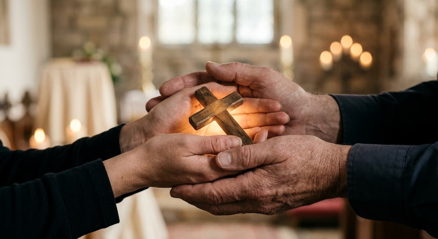 spiritual-deliverance-from-trafficking Close-up of a minister's hands holding a survivor's hands over a glowing wooden cross, representing spiritual healing and restoration.