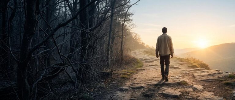 Deliverance Ministry Online | man-walking-path-dark-forest-sunrise